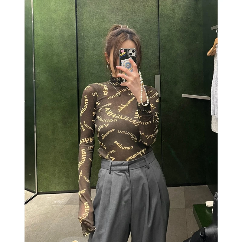 

Женская футболка Slim Fit с высоким воротником и длинным рукавом, с буквенным принтом, универсальная базовая модель, повседневная модная одежда в унгарском стиле.