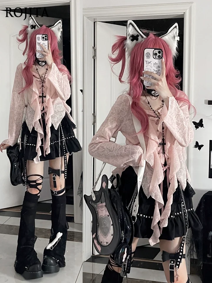 

Sweet vacation style summer streamer design chiffon top women's Japanese sexy shirt pink flared sleeve thin shirt