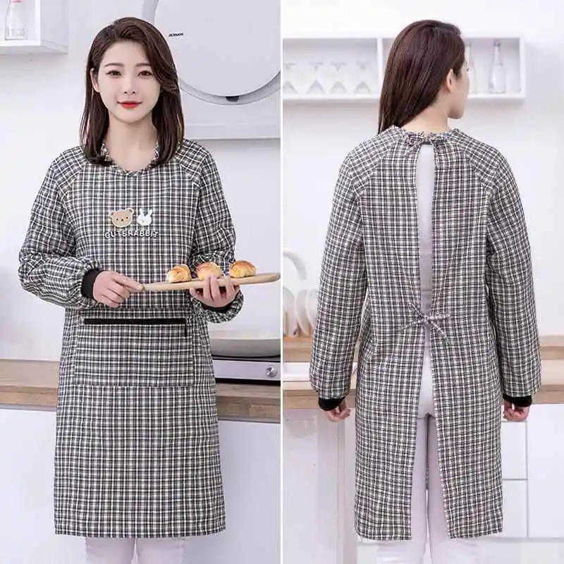 

Женский простой хлопковый фартук в корейском стиле с длинными рукавами для дома, кухни, уборки, водонепроницаемая рабочая одежда