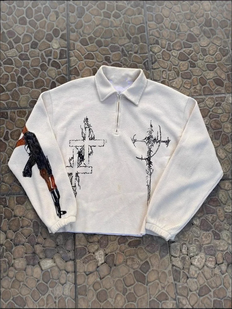 Unisex Y2K Gothic Cross Print Waffle Knit Half Zip Polo Sweatshirt Long Sleeve Oversized Streetwear Pullover Cropped Tops