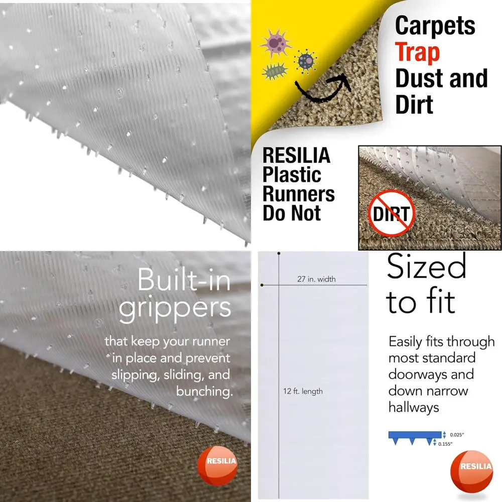 

Resilient Low-Pile Carpet Runner - Non-Slip Washable Vinyl Floor Protector, 27 Wide x 12' Long