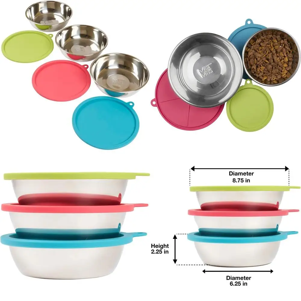 

Портативный набор мисок для собак из нержавеющей стали с красочными силиконовыми крышками и герметичными дорожными контейнерами для еды в дороге