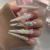 Extra Long Pointed Fake Nails Art Butterfly Pearl Exaggerate Dark Y2K Black Spider Rhinestone False Nail Press on Nails Manicure