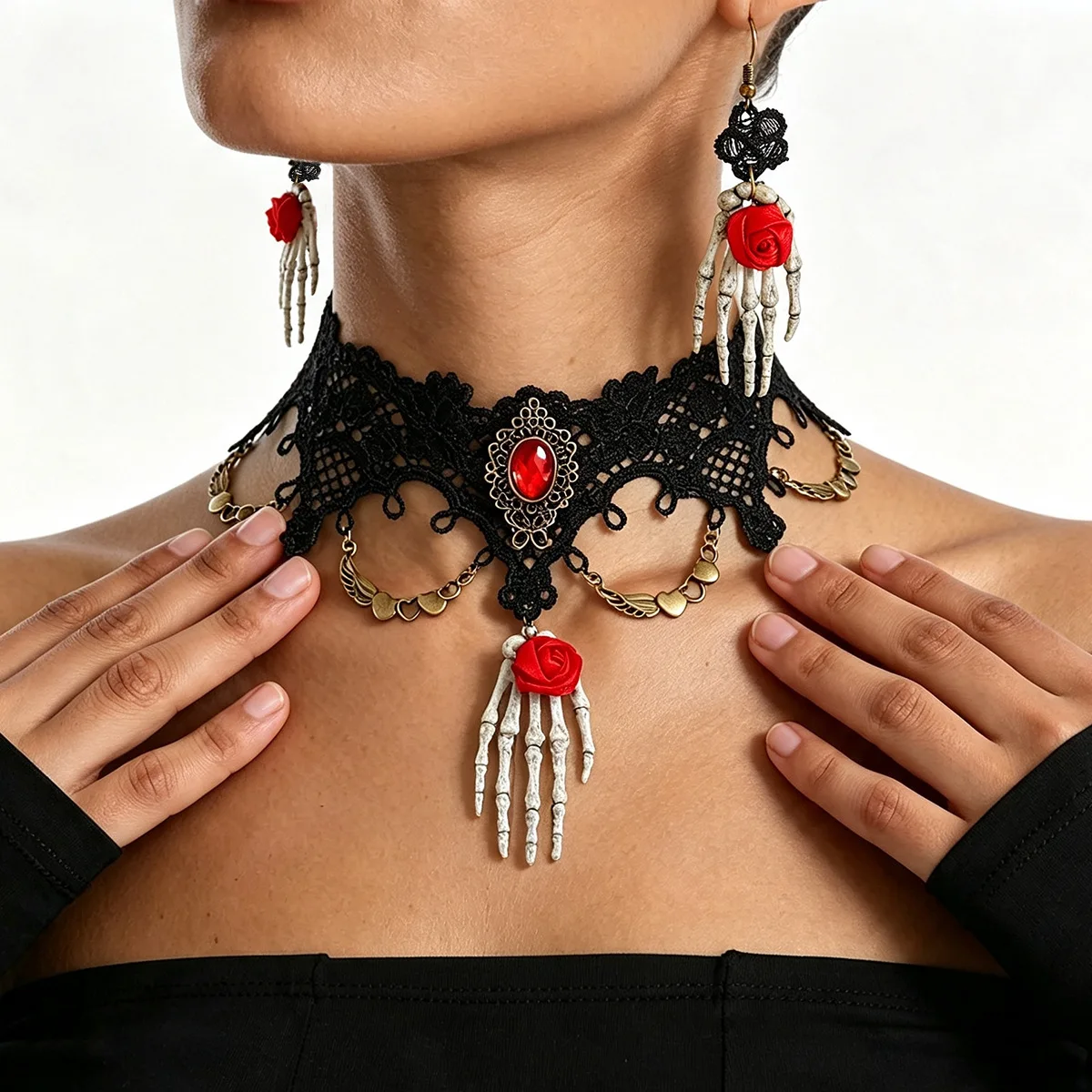 Halloween Black Lace Choker Necklace Earring Set for Women Gothic Skeleton Hand Red Rose Pendant Dark Punk Cosplay Party Jewelry