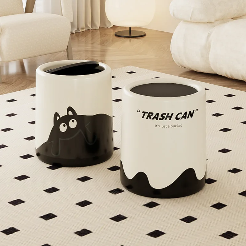 12L Black Cat/Ripple Style Trash Can High-capacity Bathroom Trash Bin Waterproof Wastebasket with Lid Living Room Lovely Dustbin