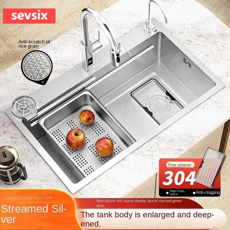 

304 Stainless Steel Commercial-Grade Nano Sink - Honeycomb Texture Anti-Condensation Layer Pull-Out Sprayer Left-Side Drain