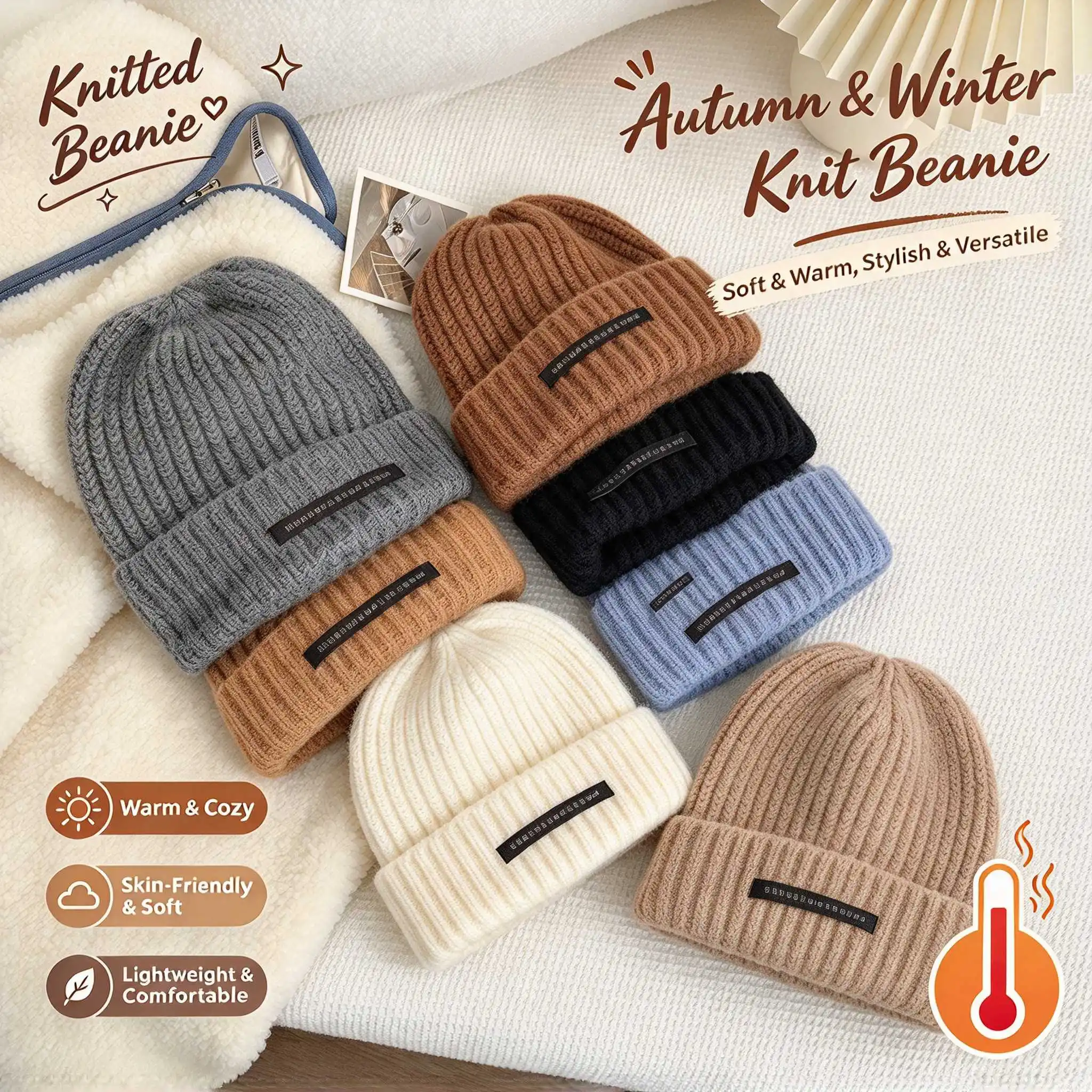 Winter Knitted Beanie Hat Thickened Ear Protection Fuzzy Thermal Plush Beanie Hat New Fashion K-pop Hip Pop Korean Hats Women