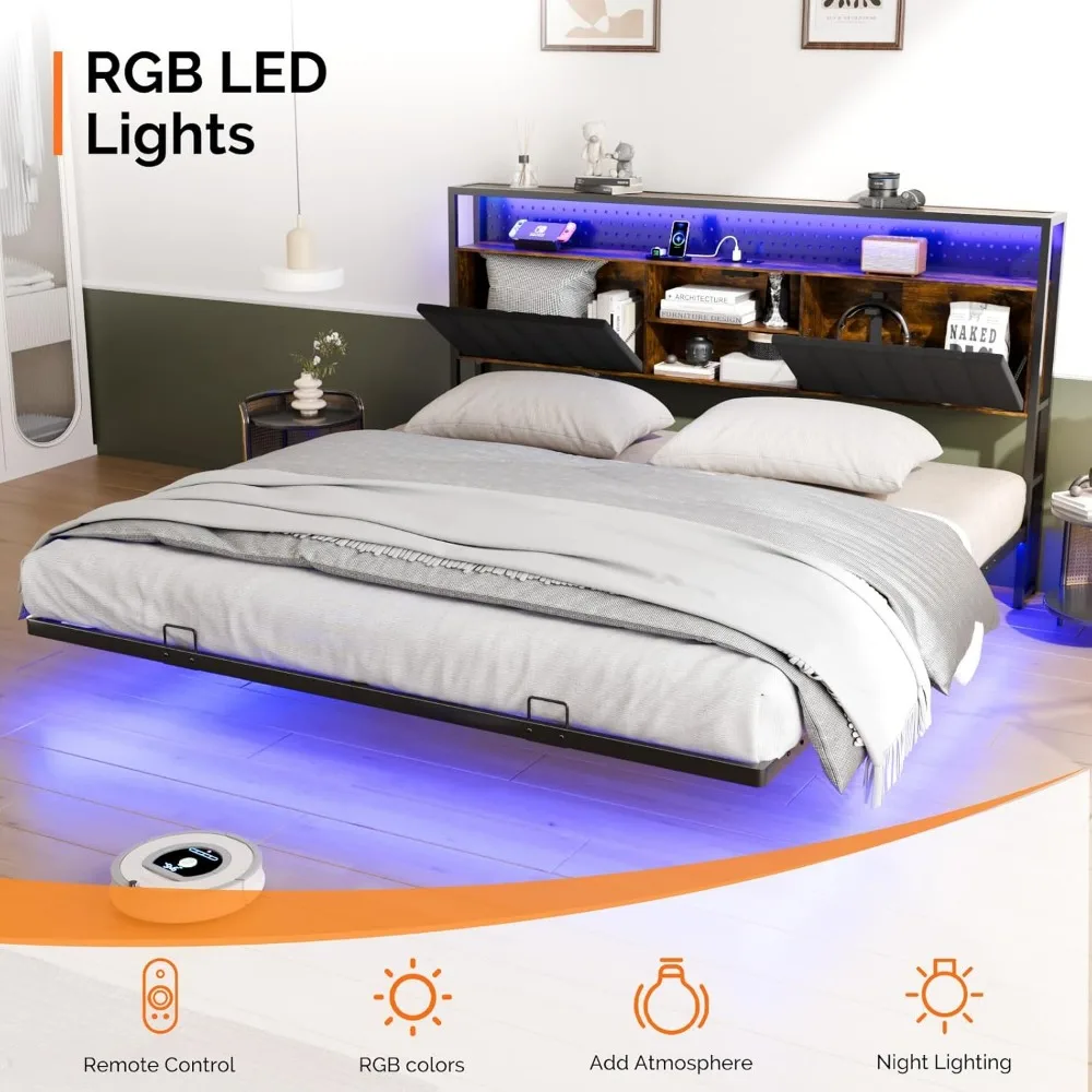 إطار سرير عائم بحجم كينج مع إضاءة LED ومحطة شحن، ولوح رأسي مخملي مع مساحة تخزين وتصميم مريح