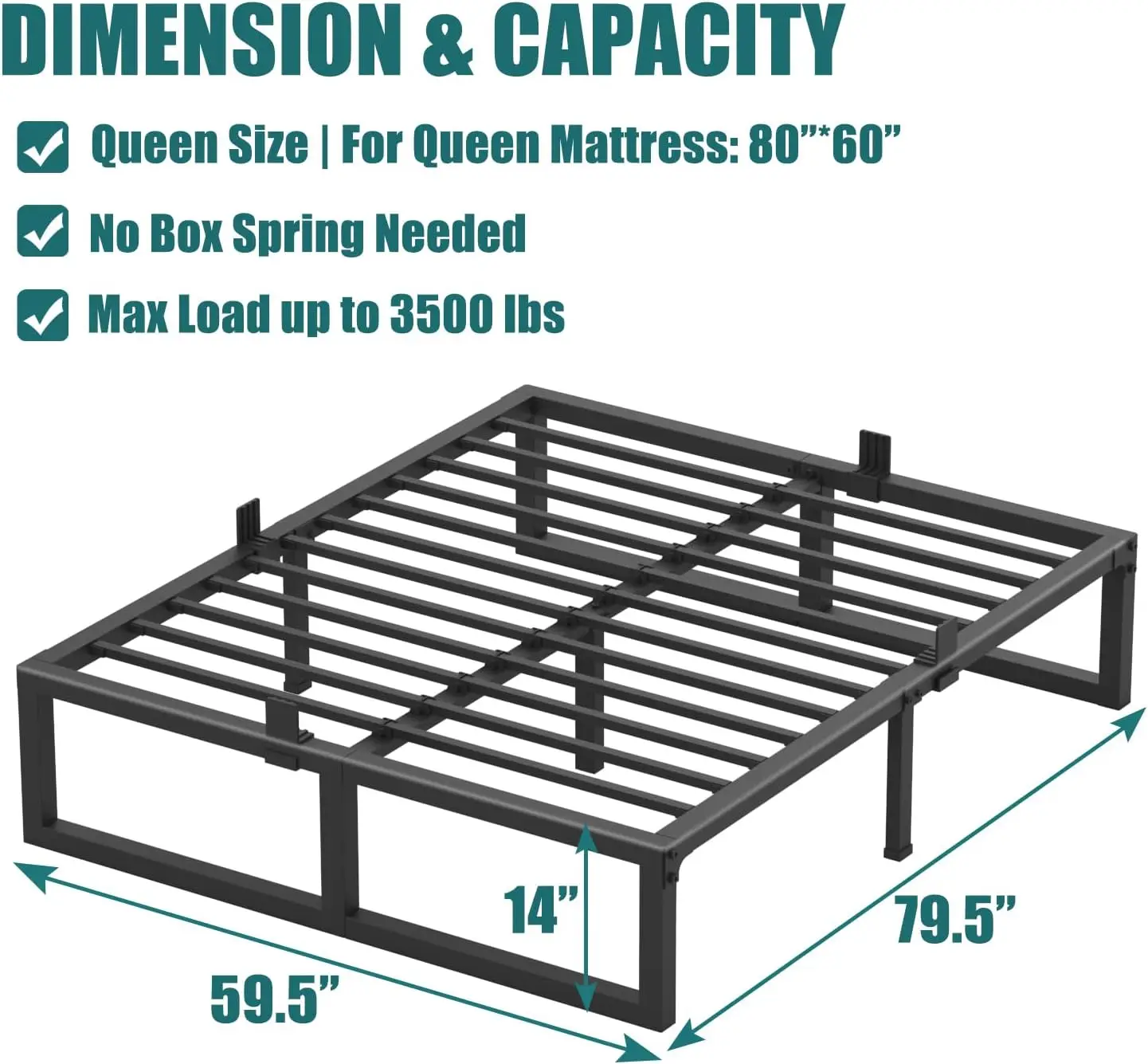 14 Inch Queen Bed Frame,3500 lbs Heavy Duty Metal Platform, Steel Slats Support/No Box Spring Needed/Noise Free/Non-Slip/Easy As