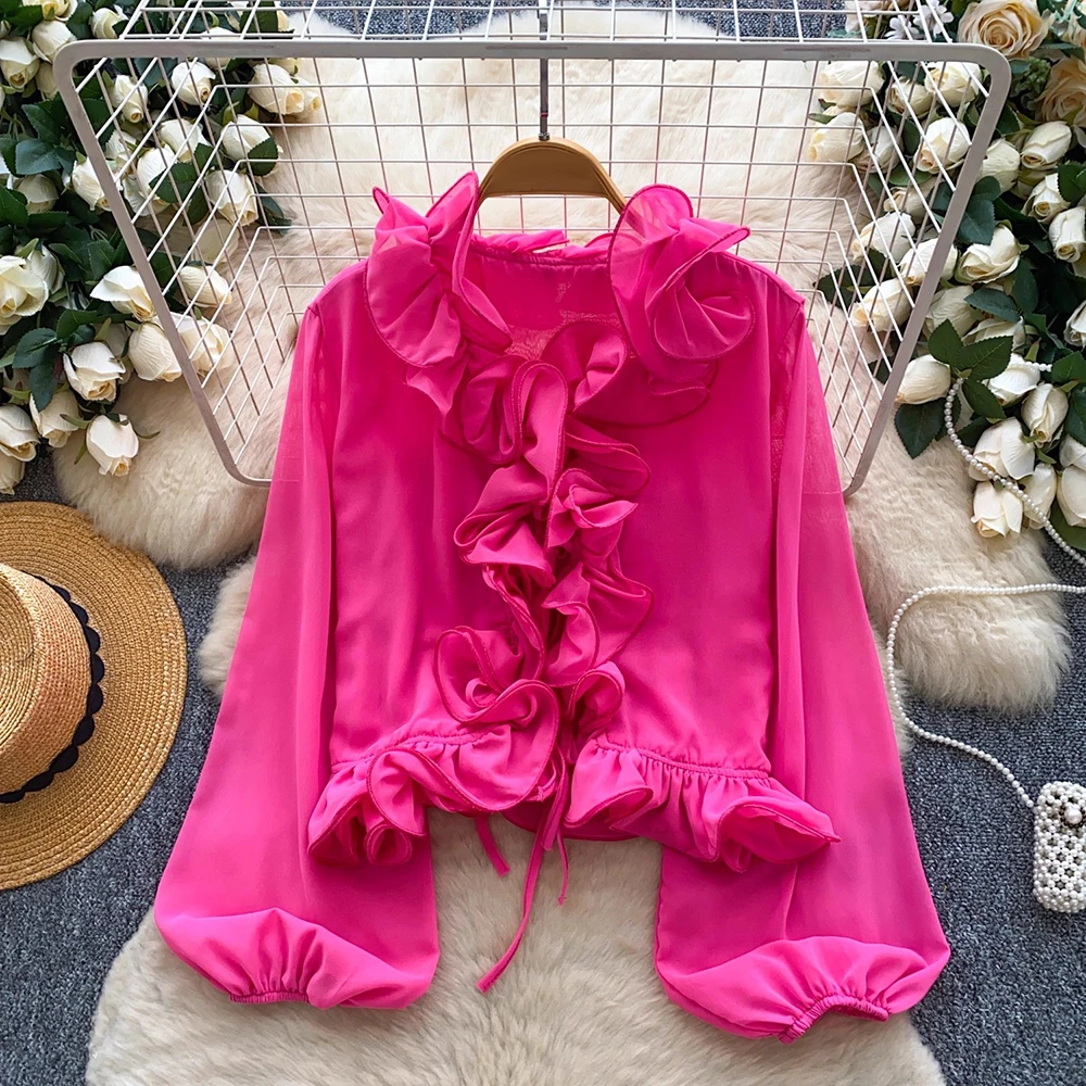 TWOTWINSTYLE ソリッドルーズ甘いフリルブラウス女性のための V ネック長袖春カジュアル通勤シャツ女性のファッション KBL557388