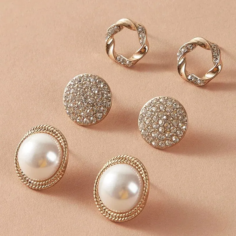 3 Pairs Stud Earrings For Woman Girly Round Shape With Sparkling Rhinestones Gold-Color Temperament Fine Jewelry Ballet Fantasy