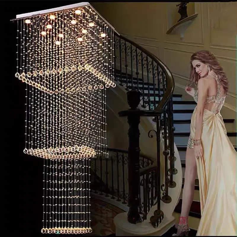 

Duplex Living Room Large Chandelier Square Staircase Pendant Lamp Hotel Villa Hanging Light Modern Crystal Restaurant Chandelier