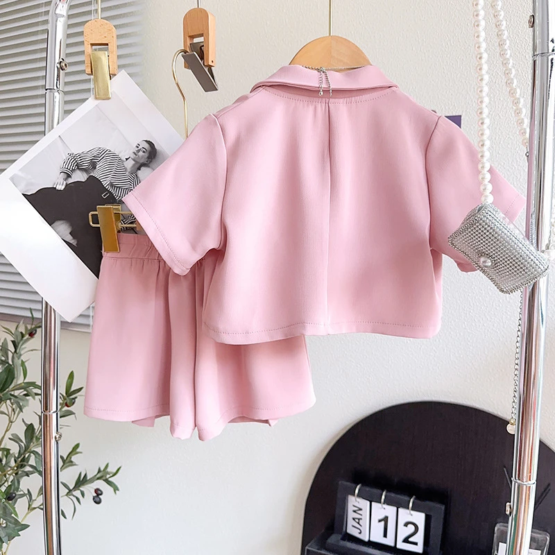 Summer Girls Suit Fashion Jacket+Suspender+Shorts Baby Girl Outfit Set Korean Fashion Children Clothing Set Toddler Girl 3Pcs