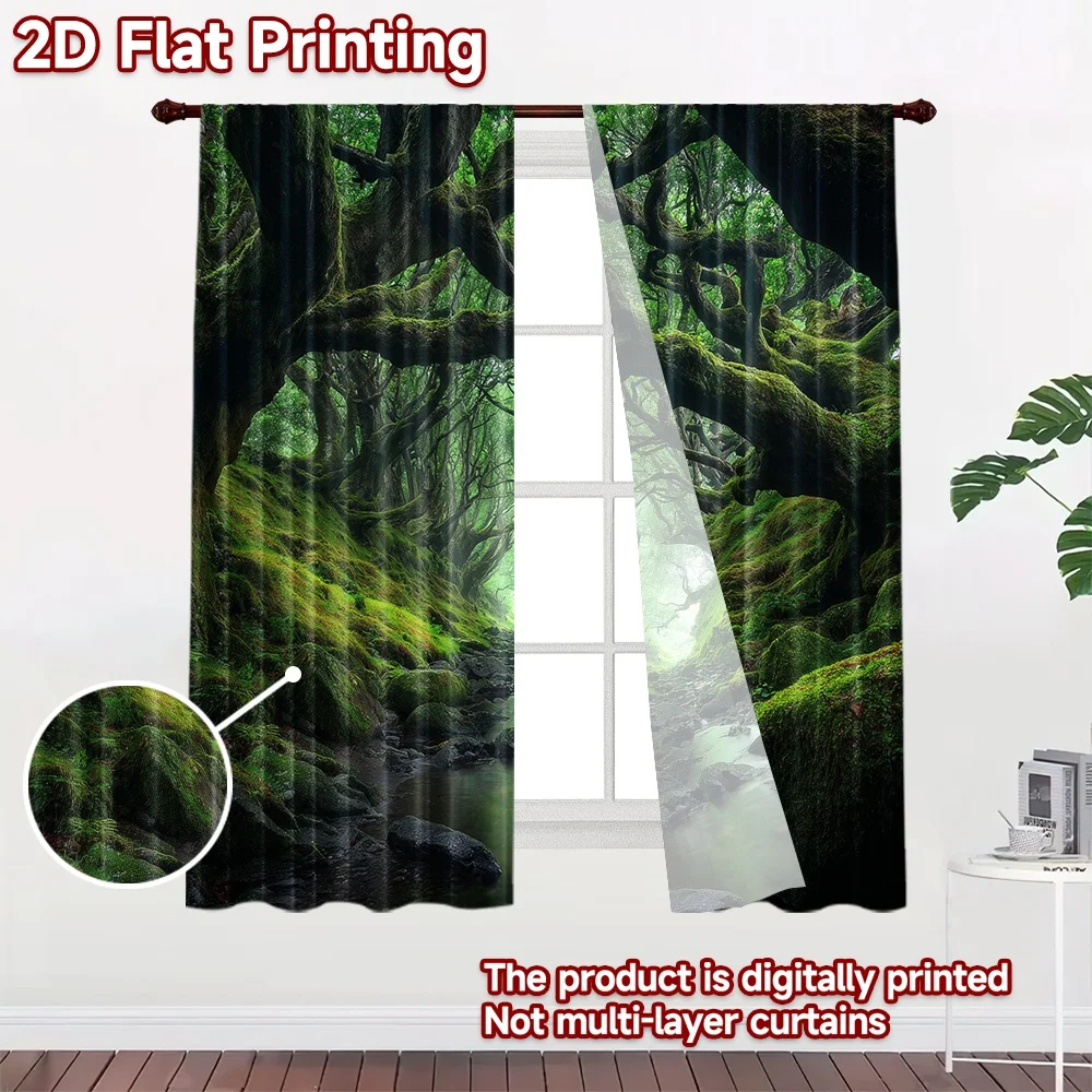 2D flat printing 2pcs Curtain Enchanted Forest Nature Green Moss Digital Printed Polyester Drapes Seasonal Party & Holiday Decor