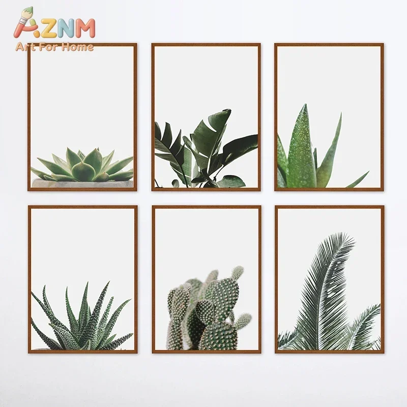 AZNM Green Plant Canvas Wall Art Succulent Cactus Aloe Palm Leaf Photo Print Poster Minimalist Botanical Art for Living Room Bed