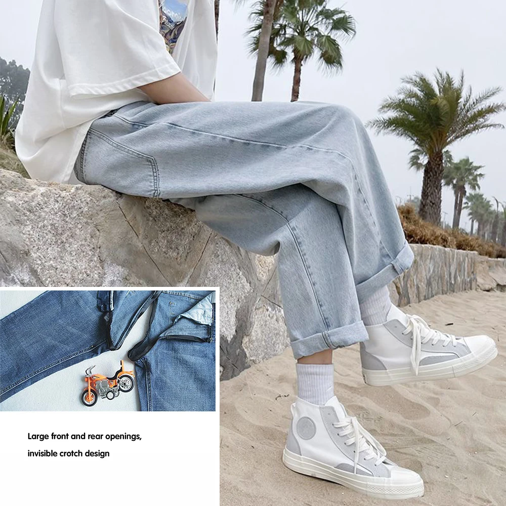 Invisible Open Crotch Outdoor Sex Jeans for Men Luxury Trend High Street Denim Loose Casual Streetwear Straight Wide Legs