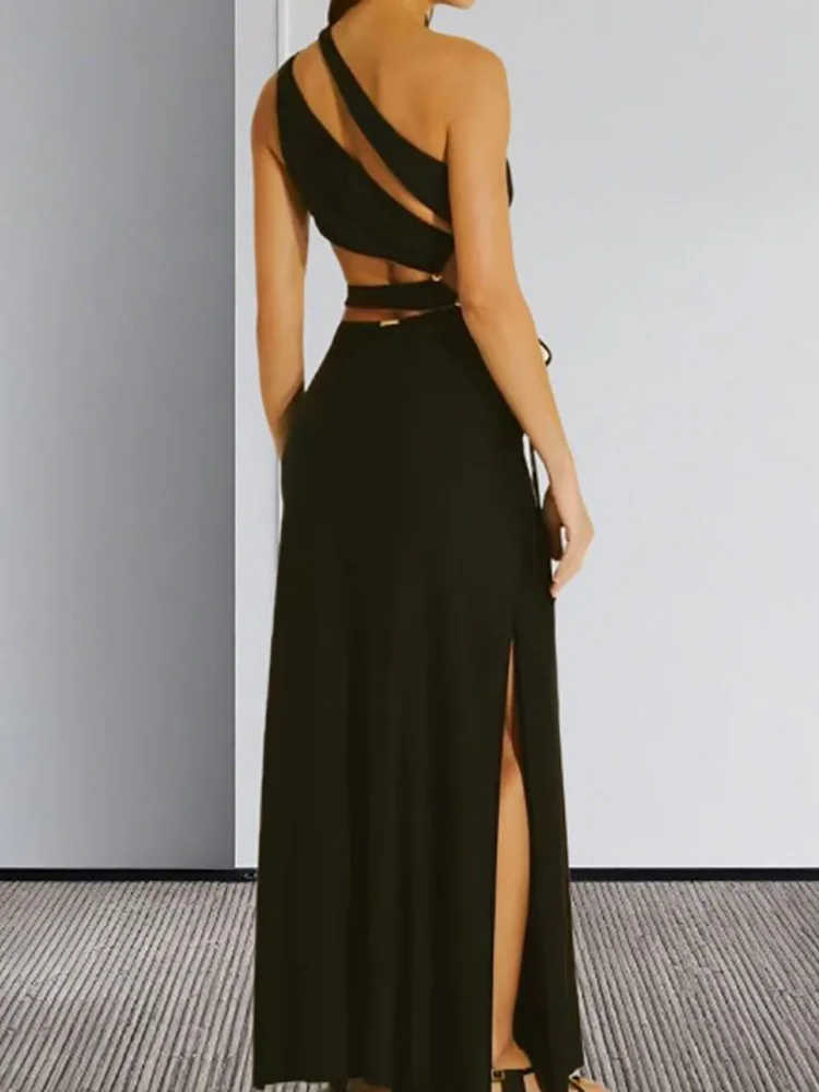 Skew Collar Holiday Simple Sexy Maxi Dress, Women Summer Hollow Patchwork Party Dress, 2025 Solid Fashion Elegant Ladies Dress