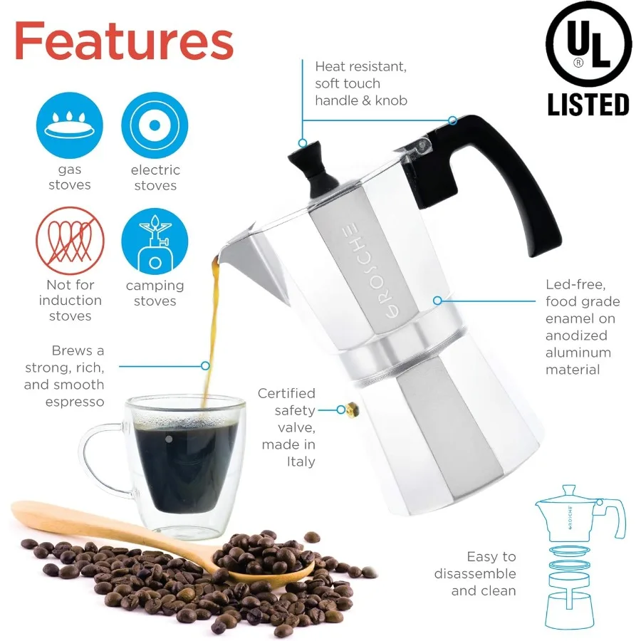 Milano Moka Pot Caffettiera Espresso da 3 Tazze con Capacità di 5 Oz Caffettiera da Piano Cottura per Campeggio a Casa e Viaggi Portatile ed Effi