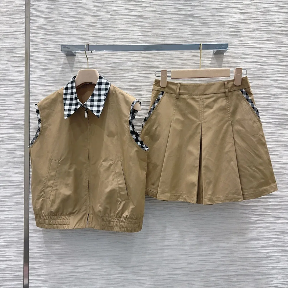 

High-quality 2026 women's sleeveless top and pleated skirt set with checkered collar for casual and fashionable wear xy2640245