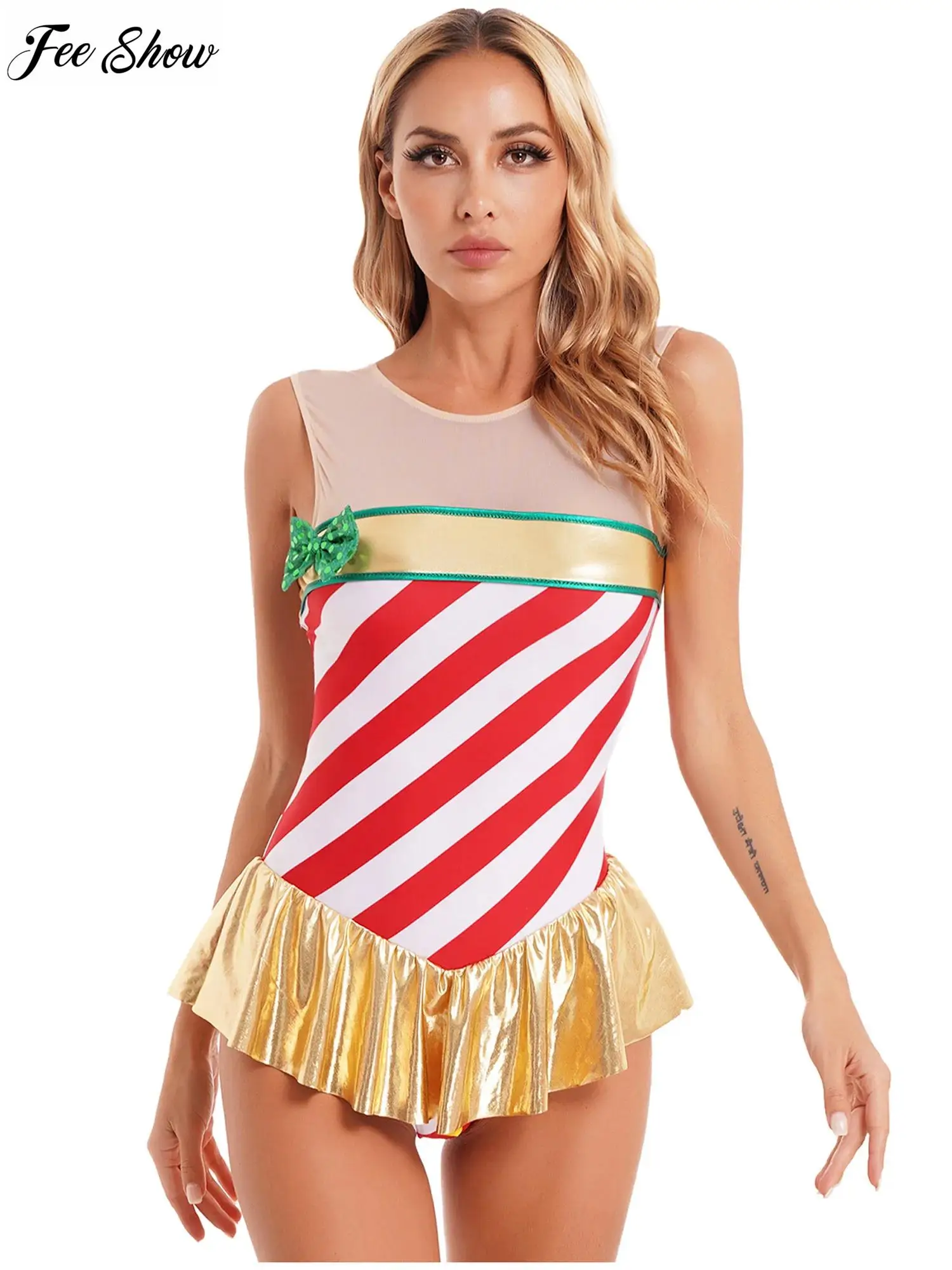 

Womens Christmas Stage Performance Costume Patchwork Striped Dance Dress Sleeveless Ruffled Leotard Dresses Dancewear