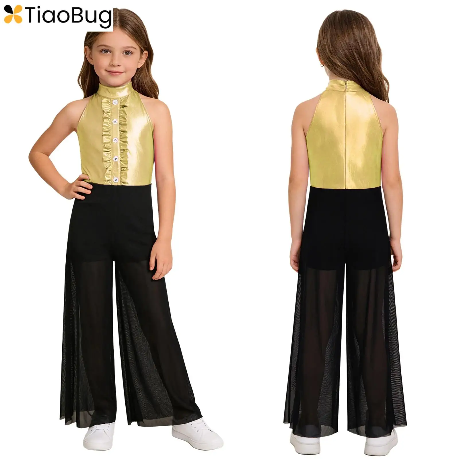 

Kids Girls Latin Dance Disco Jazz Party Jumpsuit Rompers Shiny Metallic Ruffles Halter Sleeveless Bodysuit Competition Dancewear