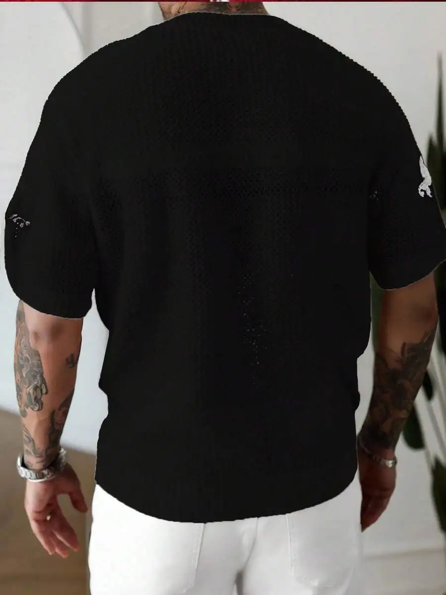 Men's V-Neck Short Sleeve Knitted Top with Bold Number Print and Hollow-Out Design