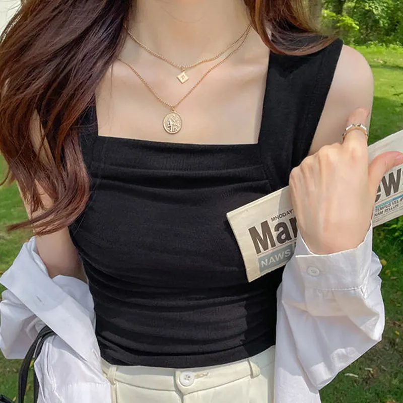 Basic Hotsweet Folds Spliced Tanks Female Clothing Solid Color Pullovers Summer Thin Slim Sleeveless Korean Square Collar Camis