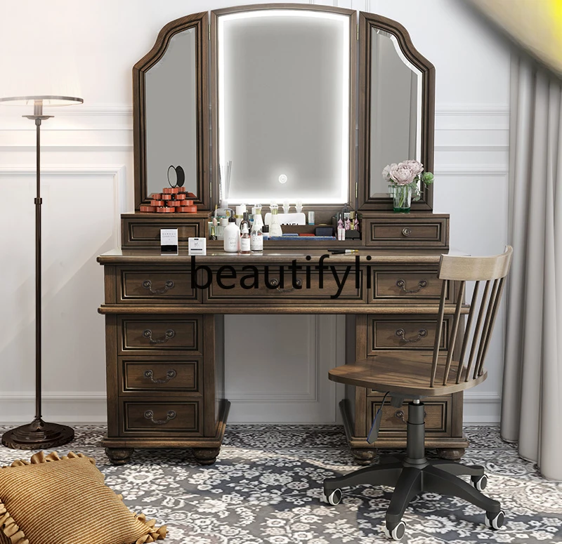 Log with lamp 1.1/1 2/1.4/1.6m walnut American led mirror full solid wood dresser makeup table