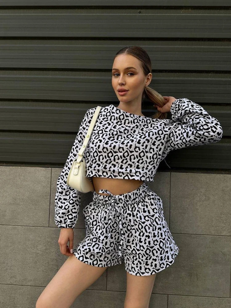 Summer Fashion Y2k Pure Cotton Leopard Pattern 2-Piece Set Women's New Printed Long Sleeved Top+Shorts Suit Casual Home Clothes