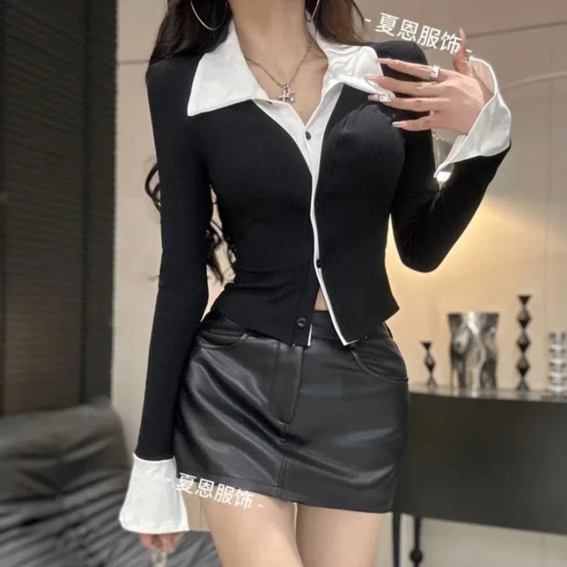 Spring Autumn New Contrast Fake Two Pieces Slim Korean T Shirts Long Sleeve Youth Sexy Short Tops Fashion Y2K Women Clothing