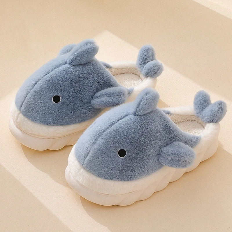 Autumn and Winter Couple Warm Cotton Slippers Female Cute Whale Indoor Fur Flat Shoes Men Thick Bottom Comfortable Home Shoes