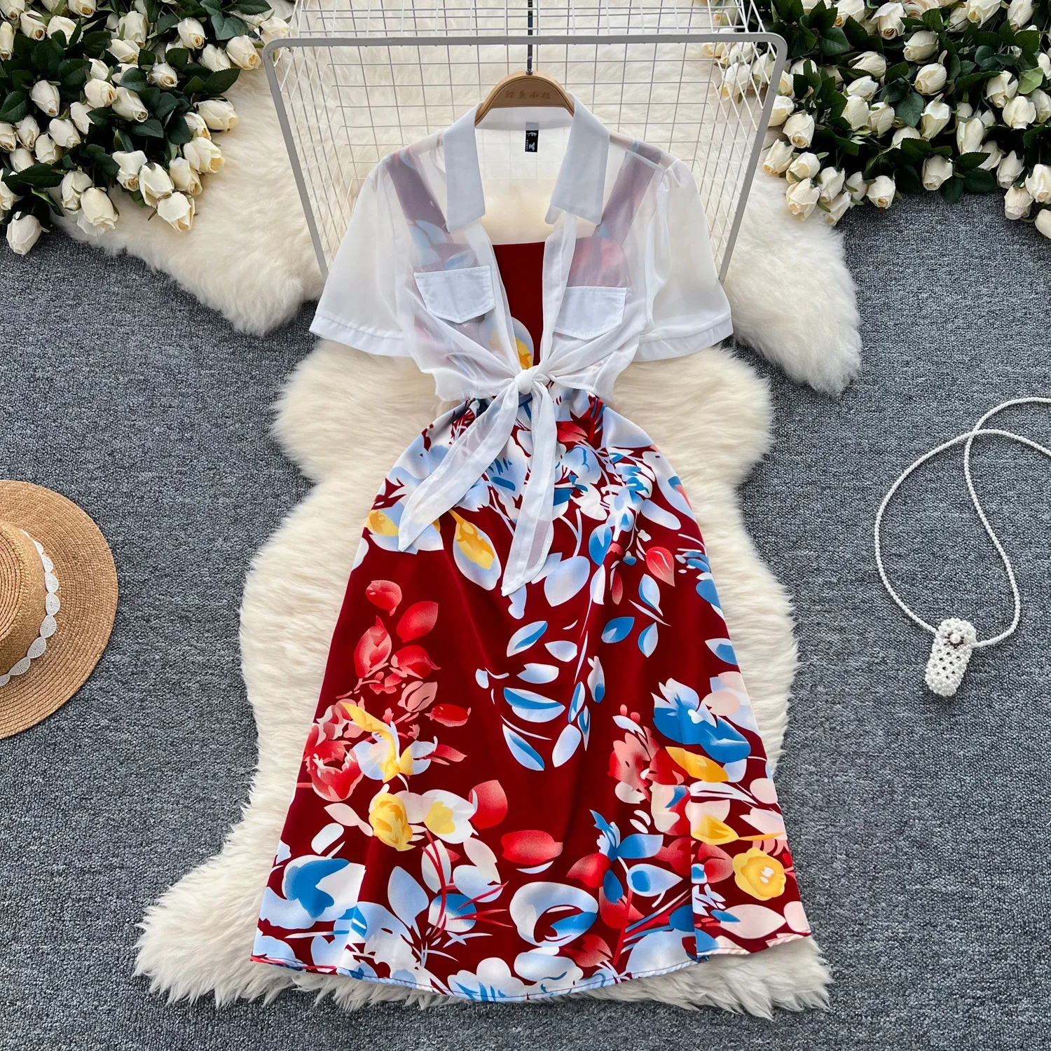 French Vintage Two Pieces Sets  slip print overcoat with sweet A-line Chic lool sleeve Women Summer dresses