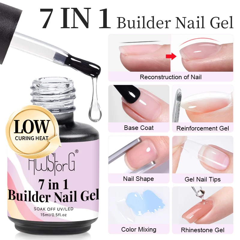 AWStorG 15ML Low Curing Heat 7-in-1 Builder Nail Gel Self Leveling Gel Nail Polish Strong Base Gel Reinforced Gel Lacquer