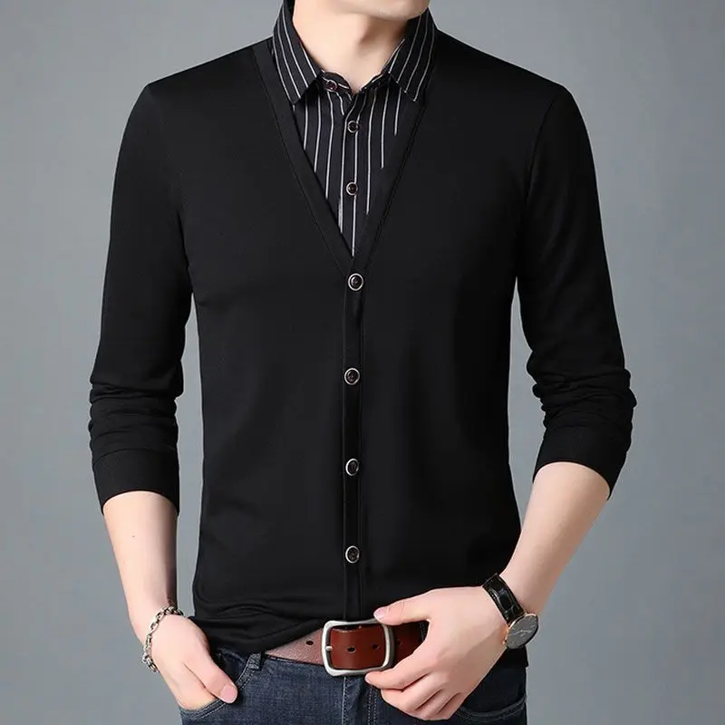 Social Business Men Slim Stripe Polo Shirts Streetwear Fashion Male Clothes Spring Autumn Cotton Long Sleeve Black Casual Tops