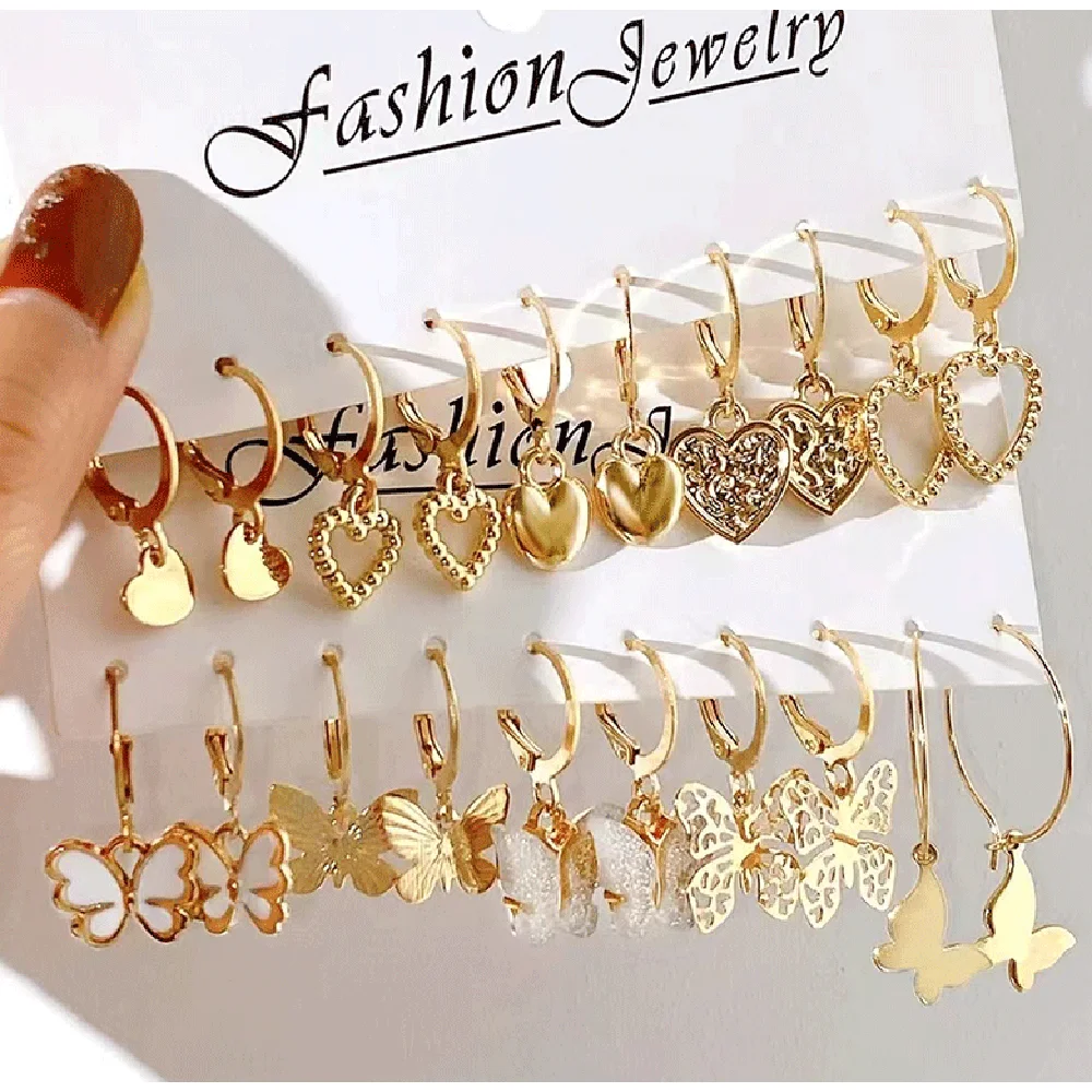 10 Pairs Women Animal Butterfly Heart Earrings Set Retro Simple Fashionable Versatile Personalized C Ring Buckle Earring Beads 1