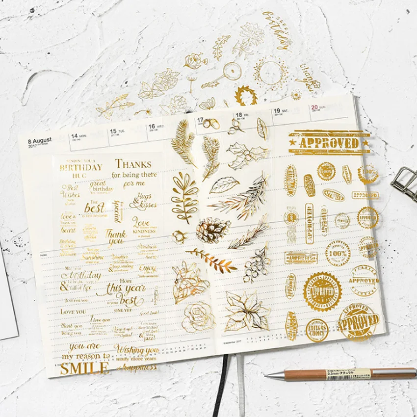 1sheet/lot Hot Gold Stickers Plant Stamp Letter Series Journal DIY Vintage Decoration Supplies Decals Kawaii Stickers