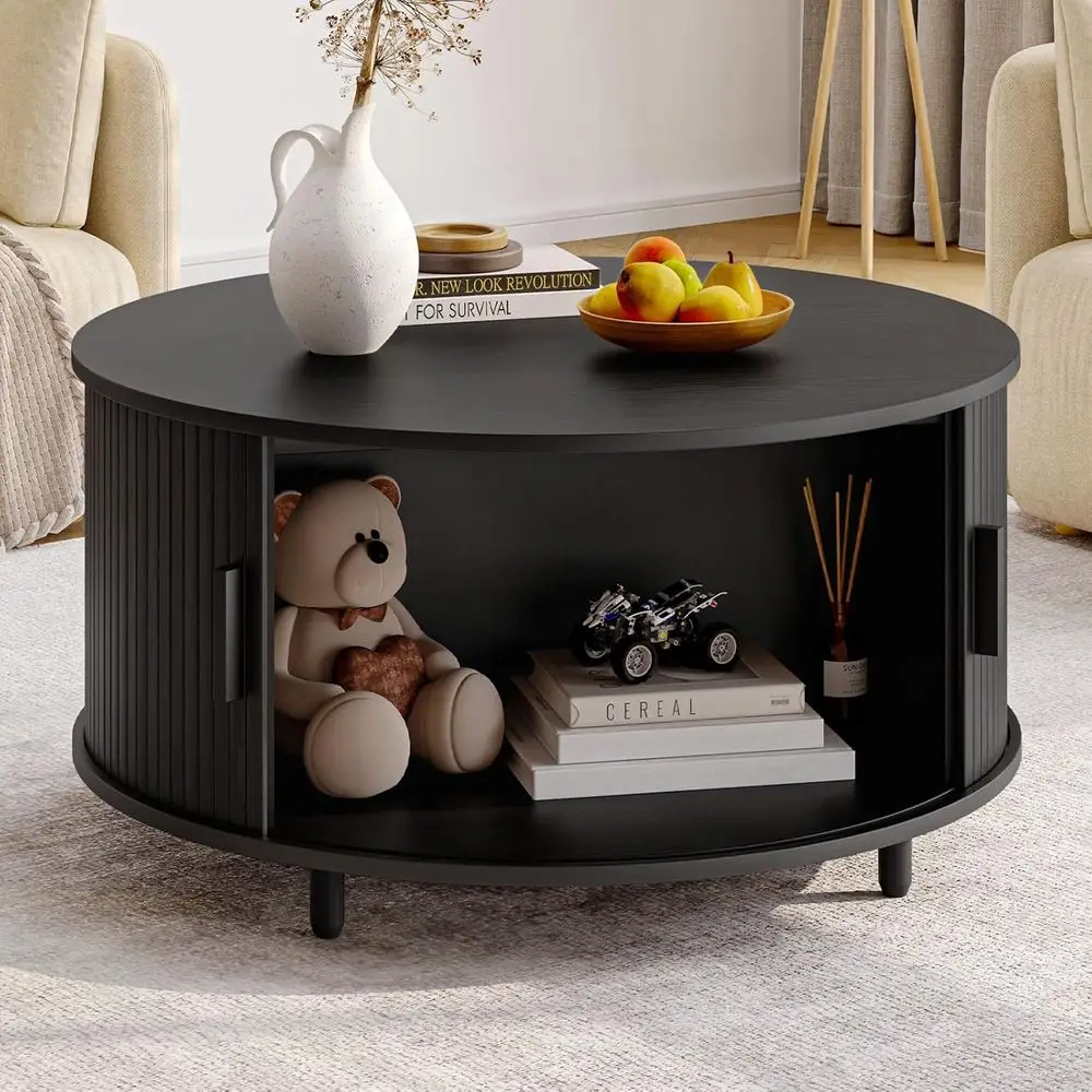 

Round Storage Coffee Table with 360° Sliding Door, Wooden Accent, Adjustable Ottomans, Living Room Center Table, Black