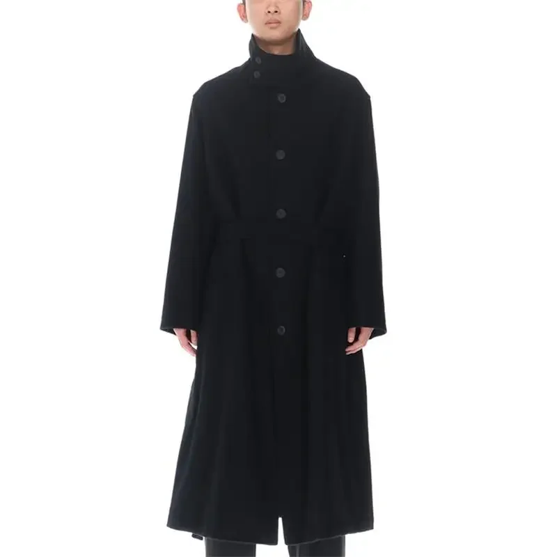 Men's Woolen Coat Japanese Style Fashion Trend Dark Loose Stand Collar Chinese Style Belt Medium Length Coat