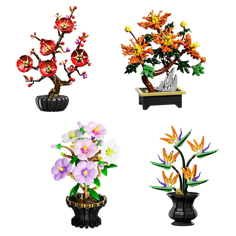 451pcs, 599pcs, 503pcs, 450pcs, Assemble Puzzle Building Block Flowers: Plum Blossom, Bird of Paradise, Hibiscus, Chrysanthemum
