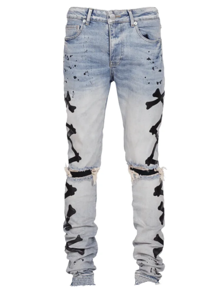 Jeans For Men 2023 Gradient Color Ripped White Dots Jeans Male Motor Biker Skinny Jeans Homme Men's Clothing Zipper Denim Pants