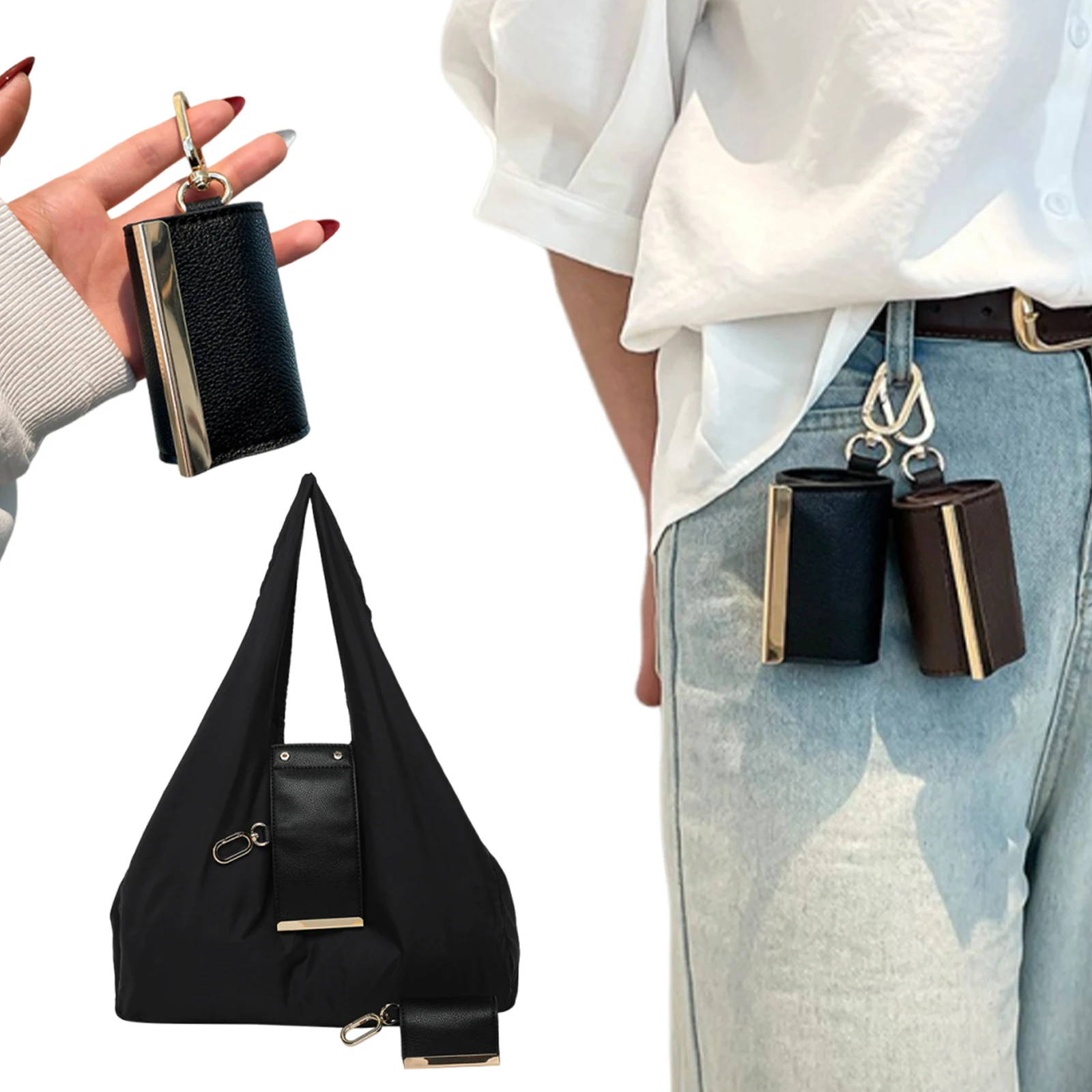 Nylon Tote Bag for Women, Large Casual Shoulder Handbag With Detachable Mini PU Leather Keychain Coin Pouch