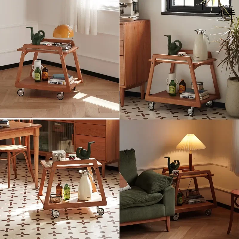 Nordic Cherry Wood Sofa Side Table with Glass Top Mobile Trolley for Small Living Room Compact Storage Cart