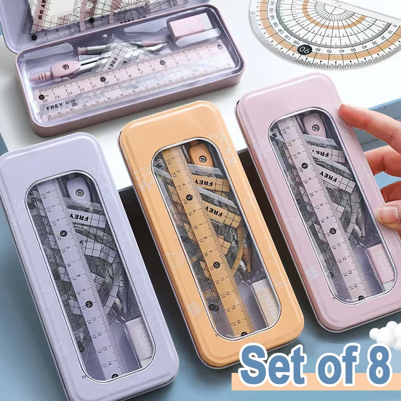 8-Piece Set of Measuring Rules for Students Including Compass Measuring Angle Ruler Triangular Ruler Measuring and Drawing Compl