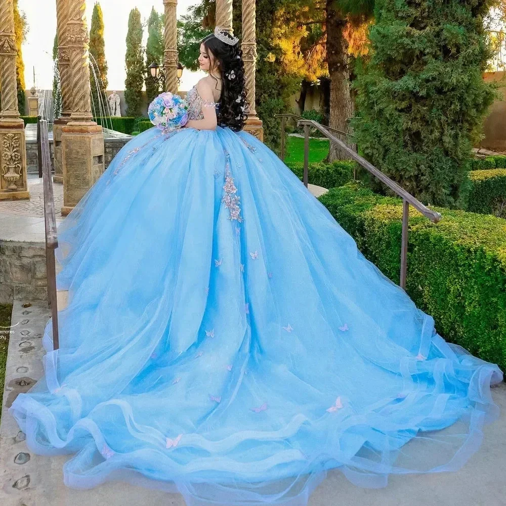 Tulle Ball Gown Quinceanera Dresses Light Blue 3D Flowers Beaded Sweet 16 Dresses Mexican Girls Vestido De 15 Años