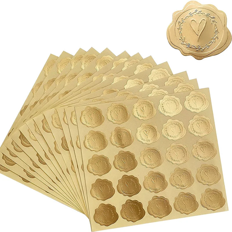 Gold Embossed Heart Stickers Self Adhesive Seal Label Wedding Party Invitation Card Envelope Decoration Christmas Gift DIY Decor