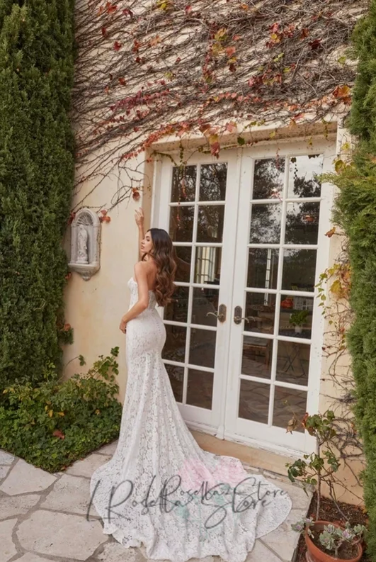 Robe de mariée Sweetheart Neckline Sleeves Full Soft Lace Mermaid Wedding Dress with Button Back Sweep Train Sexy Long Dresses