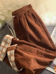 JMPRS Mode Plaid Säumen Frauen Cord Hosen Hohe Taille Herbst Schwarz Koreanische Lose Gerade Hosen Casual Kordelzug Hosen