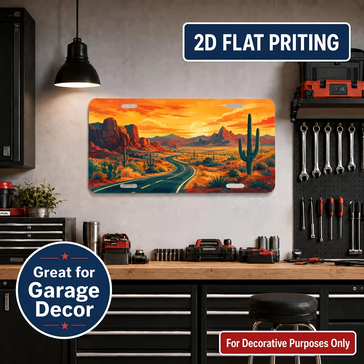 2D Flat, [2D Flat] 2D Flat Surface, 1pc, Vintage Metal License Plate Wall Sign, Desert Sunset Theme - Durable and Fade-Resistant