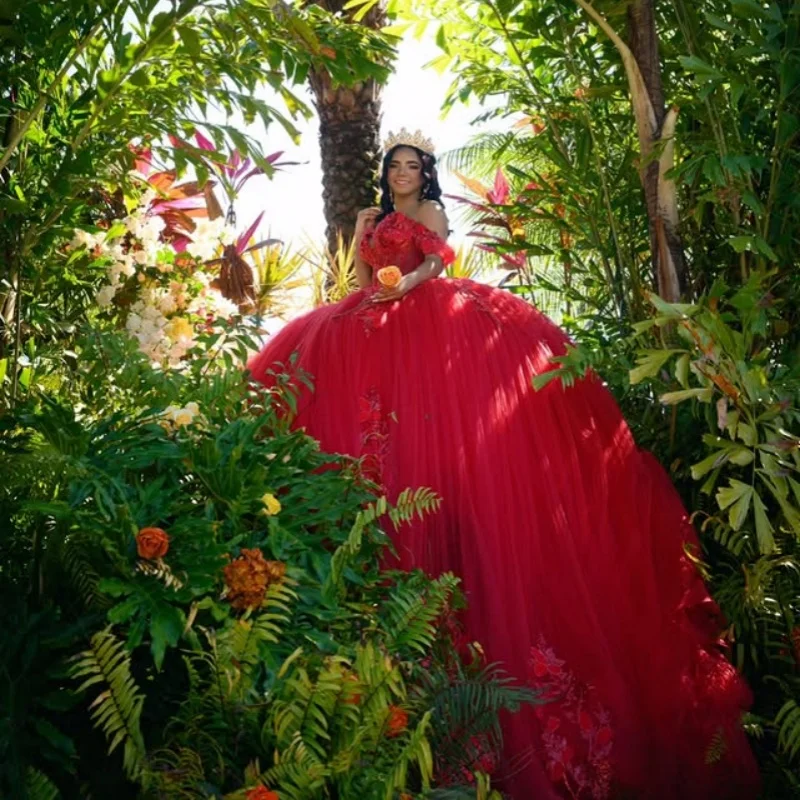 

Customized Shiny Red Quinceanera Dresses Off the Shoulder Lace applique 3D flower Long tail Bow Vestido 15 Quinceanera