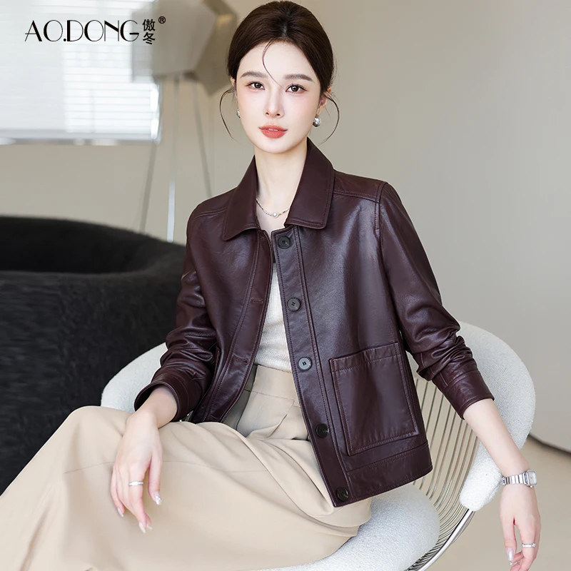 

New leather women's short senior sheepskin middle-aged long sleeve fashion lapel jacket Spring and Autumn